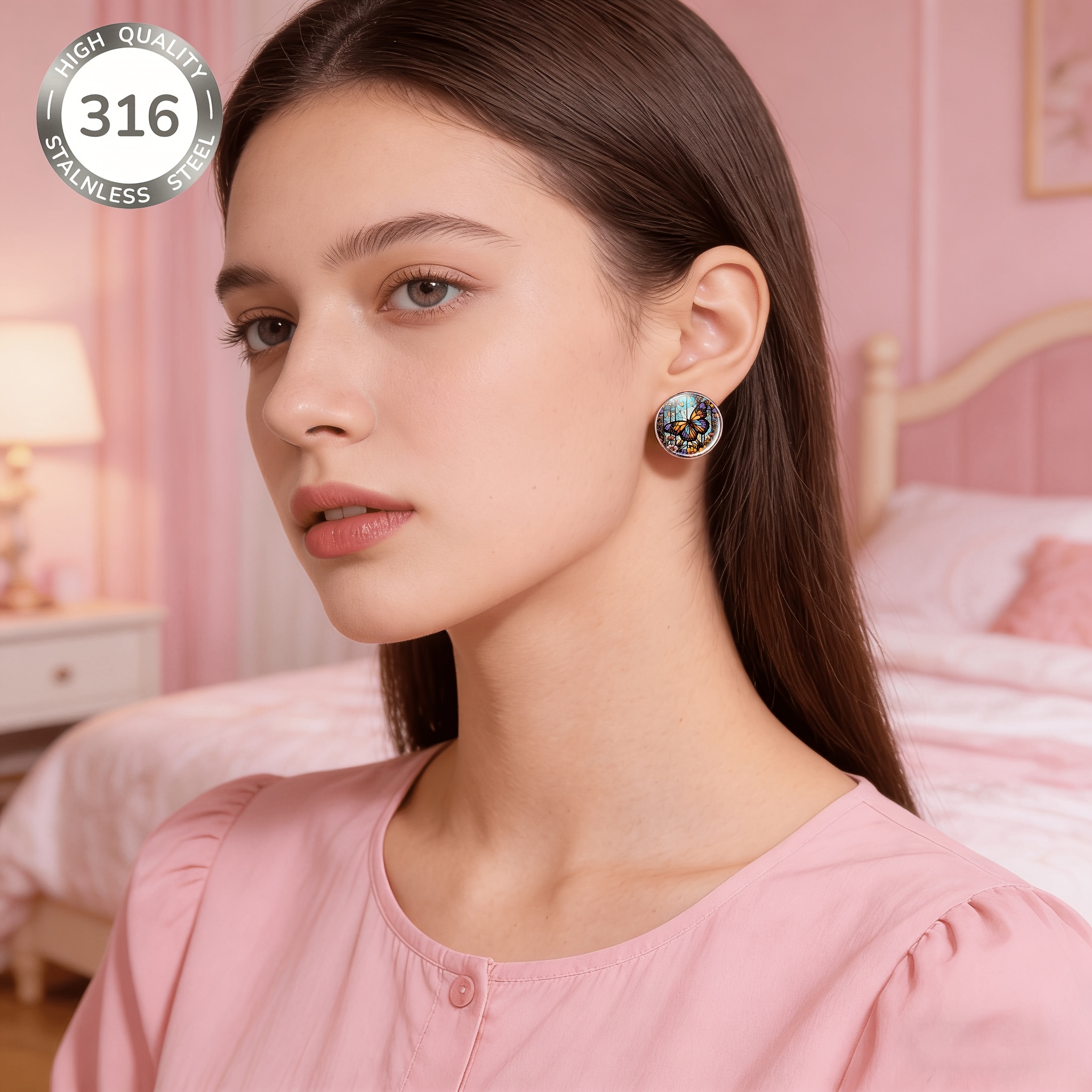 Colorized Butterfly Decorated Glass Style Round Stud Earrings